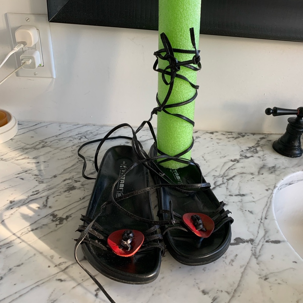 Tatami Black Gladiator Sandals with Red Flower Accent